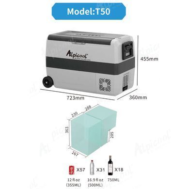 Компрессорный автохолодильник Alpicool T50 (LG). 47 литров. Двухкамерный. До -20℃. (12, 24, 220 вольт)